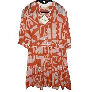BE BOHO Mini Dress Short Sleeve Pockets Modal Sheer Geometric Womens S Orange
